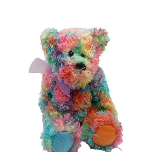 Dylan Progressive Plush Teddy Bear Tie-Dye Pastel Colorful Purple Ribbon 8" - Picture 1 of 7